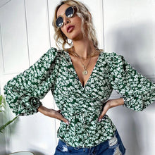 Load image into Gallery viewer, Women&#39;s Shirt Summer New Sexy All-match Small Floral Printed Lace Up Loose V-neck Lantern Sleeve Vintage Long-sleeved Top.