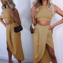 Load image into Gallery viewer, Women's Skirt Set Solid Split Pleated Folds Ladies Skirts Suit Sleeve Crop Top Elastic Waist Bottom 2021 Summer Sexy Party Tops