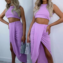 Load image into Gallery viewer, Women's Skirt Set Solid Split Pleated Folds Ladies Skirts Suit Sleeve Crop Top Elastic Waist Bottom 2021 Summer Sexy Party Tops