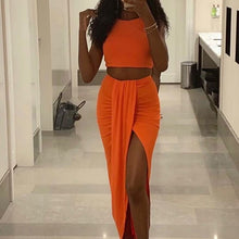 Load image into Gallery viewer, Women's Skirt Set Solid Split Pleated Folds Ladies Skirts Suit Sleeve Crop Top Elastic Waist Bottom 2021 Summer Sexy Party Tops