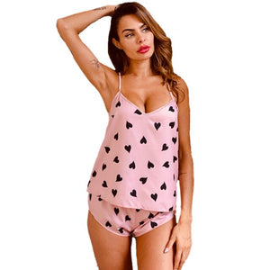 Women&#39;s Sleepwear Sexy Satin Pajama Set Pink Polka Dot V-Neck Pyjamas Sleeveless Cute Cami Top and Shorts