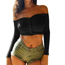 Load image into Gallery viewer, Women&#39;s Spring 2021 New Sexy Knitwear A Word Shoulder Hilum Female Solid Color Summer Long Sleeves Single Breasted Blouses