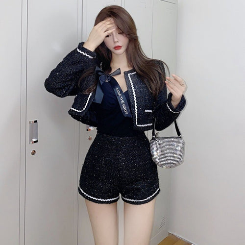 Women's Spring And Autumn French Retro Suits Ladies Short Jacket + Shorts Two-Piece Sets Black