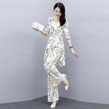 Load image into Gallery viewer, Women's Suit Casual Summer Two Piece 2021 New Fashion Slim Wide Leg Long Pant Half Sleeve Crop Top Korean Style Printed Outfits