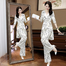 Load image into Gallery viewer, Women's Suit Casual Summer Two Piece 2021 New Fashion Slim Wide Leg Long Pant Half Sleeve Crop Top Korean Style Printed Outfits