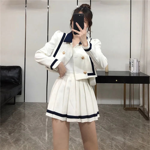 Women's Suit Double-breasted Jacket + High-Waist A-Line Pleated Skirt Two-piece Suit/Sets M-4XL Female Sets