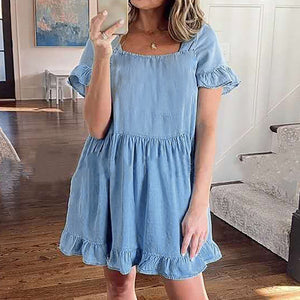 Women's Summer Fashion Denim Ruffles Short Sleeve Loose Mini Dress Women Blue Short Dress vestido de mujer платье летнее 2021