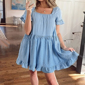 Women's Summer Fashion Denim Ruffles Short Sleeve Loose Mini Dress Women Blue Short Dress vestido de mujer платье летнее 2021
