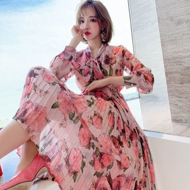 Women's Summer Pleated Chiffon Silk Waist Long-Sleeved Floral Streamer V-Neck Dress Romantic French