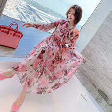 Load image into Gallery viewer, Women&#39;s Summer Pleated Chiffon Silk Waist Long-Sleeved Floral Streamer V-Neck Dress Romantic French