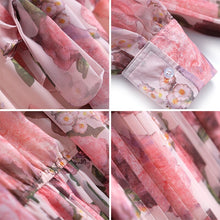 Load image into Gallery viewer, Women&#39;s Summer Pleated Chiffon Silk Waist Long-Sleeved Floral Streamer V-Neck Dress Romantic French