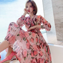 Load image into Gallery viewer, Women&#39;s Summer Pleated Chiffon Silk Waist Long-Sleeved Floral Streamer V-Neck Dress Romantic French