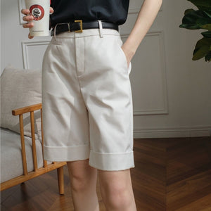 Women&#39;s Summer Shorts High Waist Knee Length Straight Pants with Belt Office Khaki White Black Casual Short Pants Women Fashion