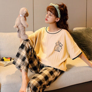 Women's Summer Thin Plaid Striped Short Sleeve Pajamas Set Short-sleeved Trousers Tracksuit Two Piece Suit Ladies Home Clothes