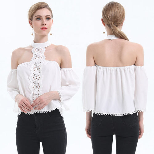 Women's Summer White Off Shoulder Lace Patchwork Shirt New Arrival 2021 Fashion Sexy O-neck Flare Sleeve Backless Shirts Blouses
