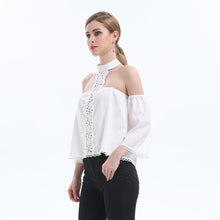 Load image into Gallery viewer, Women&#39;s Summer White Off Shoulder Lace Patchwork Shirt New Arrival 2021 Fashion Sexy O-neck Flare Sleeve Backless Shirts Blouses