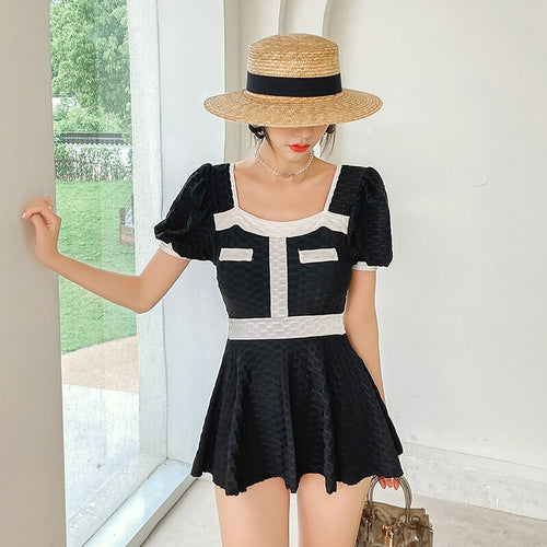 Women's Swimsuit Sexy One Piece Bathing Suit Short Sleeve Swimwear Swimming Beach Wear Korea Style Summer Swimdress