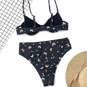 Women's Swimsuit Split Swimsuit Feminine Bikinis Butterfly Print Underwire Gather Bikinis Set Women's 2 Piece Swimsuit