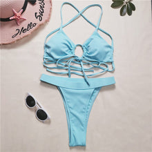 Load image into Gallery viewer, Women&#39;s Swimwear High Waist Bikini Blue Swimsuit Separate Beachwear String Sexy Solid Color Pattern