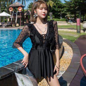 Women&#39;s Swimwear Korea Swimsuit Skirt 5XL Woman One Piece Plus Size Tankini Monokini Lace Sleeve Black Swim Suit Beach Wear