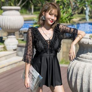 Women&#39;s Swimwear Korea Swimsuit Skirt 5XL Woman One Piece Plus Size Tankini Monokini Lace Sleeve Black Swim Suit Beach Wear