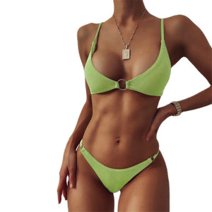 Women's Swimwear Underwear Set  Pure Color Without Pattern Green Sexy Bikini Swimsuit High Waist