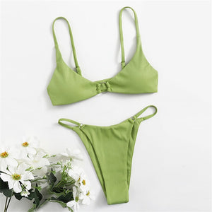 Women's Swimwear Underwear Set  Pure Color Without Pattern Green Sexy Bikini Swimsuit High Waist