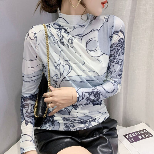 Women's T-Shirt Autumn 2021 New Fashion Print Mesh Tops Elegant Slim Turtleneck Long Sleeve Women Clothing