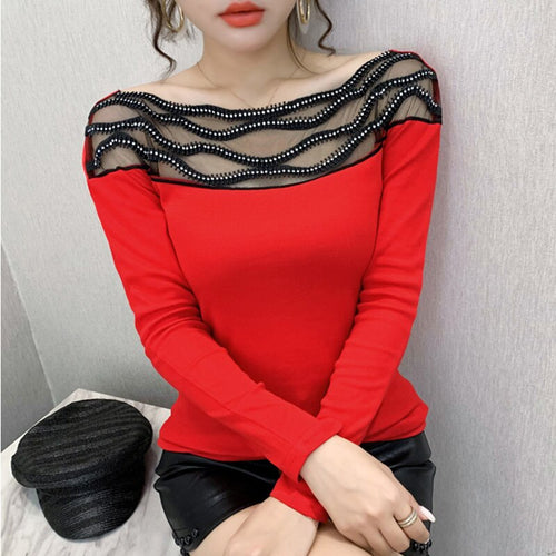 Women's T-shirts New 2021 Autumn long sleeve woman tshirts Sexy Beaded Perspective Plus size tops and shirt blusas