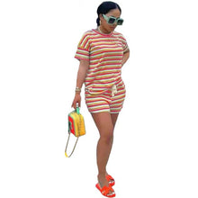 Load image into Gallery viewer, Women&#39;s Tracksuit Two Piece Sport Suit Striped Print Short Sleeve T-shirt Top and Biker Short Female Clothing Loungewear Outfit