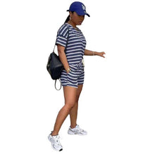Load image into Gallery viewer, Women&#39;s Tracksuit Two Piece Sport Suit Striped Print Short Sleeve T-shirt Top and Biker Short Female Clothing Loungewear Outfit