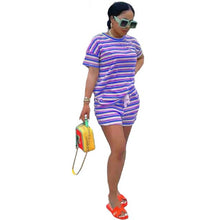 Load image into Gallery viewer, Women&#39;s Tracksuit Two Piece Sport Suit Striped Print Short Sleeve T-shirt Top and Biker Short Female Clothing Loungewear Outfit