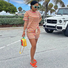 Load image into Gallery viewer, Women&#39;s Tracksuit Two Piece Sport Suit Striped Print Short Sleeve T-shirt Top and Biker Short Female Clothing Loungewear Outfit
