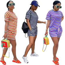 Load image into Gallery viewer, Women&#39;s Tracksuit Two Piece Sport Suit Striped Print Short Sleeve T-shirt Top and Biker Short Female Clothing Loungewear Outfit