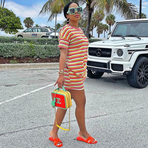 Women's Tracksuit Two Piece Sport Suit Striped Print Short Sleeve T-shirt Top and Biker Short Female Clothing Loungewear Outfit