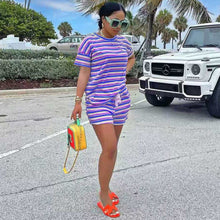 Load image into Gallery viewer, Women&#39;s Tracksuit Two Piece Sport Suit Striped Print Short Sleeve T-shirt Top and Biker Short Female Clothing Loungewear Outfit