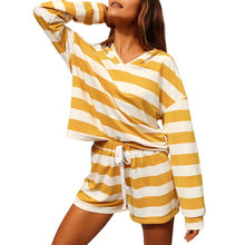 Load image into Gallery viewer, Women&#39;s Tracksuits Casual 2 Piece Shorts Sets Outfits Striped V Neck Long Sleeve Hoodie Drawstring Shorts Set Female 2021 Summer