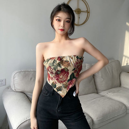 Women's Tube Vintage Tube Top Women Rose Printed Tanks Top Sexy Cami Crops Women Clothing Off Shoulder Embroidery Cropped