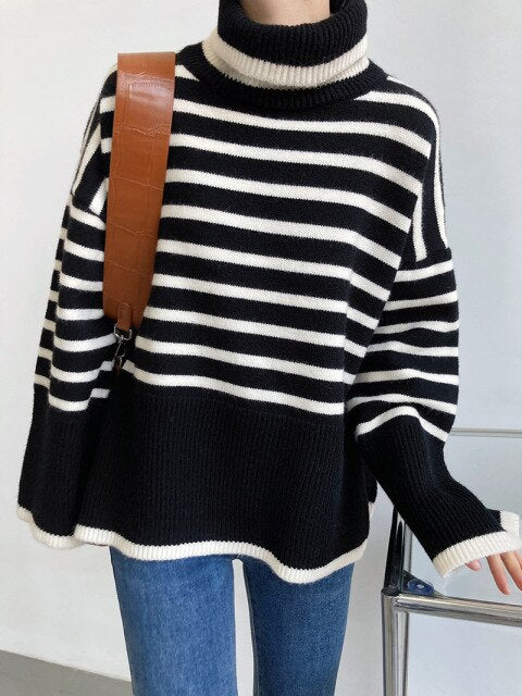 Women's Turtleneck Stripe Sweater Women Loose Lazy Outerwear Female Winter Knit Sweater Top Long Flared Sleeves Woman Pullover