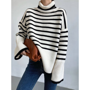 Women&#39;s Turtleneck Stripe Sweater Women Loose Lazy Outerwear Female Winter Knit Sweater Top Long Flared Sleeves Woman Pullover