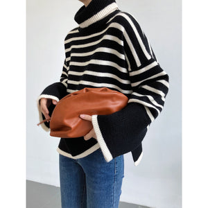Women&#39;s Turtleneck Stripe Sweater Women Loose Lazy Outerwear Female Winter Knit Sweater Top Long Flared Sleeves Woman Pullover