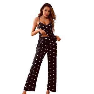 Women&#39;s Two Piece Pajamas Set Black Cami Top with Long Pant Satin Sleepwear Comfy Pyjamas Heart-shaped Nightie