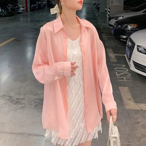 Women's White Blouse Chiffon  Loose Long Sleeve T-Shirts Oversize  Bling  Fashion Elegant 2021 Summer Thin Chic Pink Plus Size
