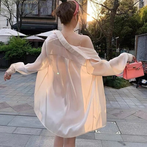 Women's White Blouse Chiffon  Loose Long Sleeve T-Shirts Oversize  Bling  Fashion Elegant 2021 Summer Thin Chic Pink Plus Size