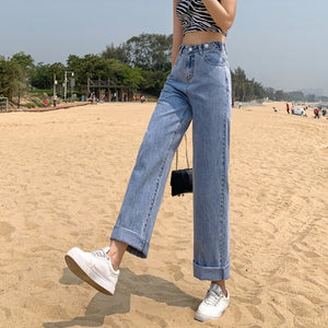 Women's Wide-Leg Jeans Summer 2021 New Spring And Autumn Small High Waist Slimming And Straight Loose Drooping Mop Pants Denim
