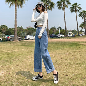 Women's Wide-Leg Jeans Summer 2021 New Spring And Autumn Small High Waist Slimming And Straight Loose Drooping Mop Pants Denim