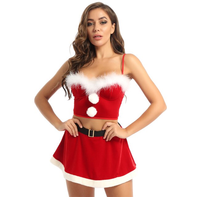 Women's Xmas Underwired Bra Crop Top with Miniskirt Sexy Christmas Costumes Sexy Santa Claus Costume Holidays Cosplay Costumes