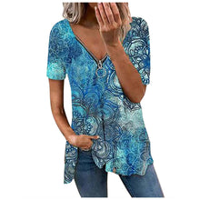 Load image into Gallery viewer, Women's Zipper Blouse Color-blocking Stitching Print Boho V-neck Short-sleeved Tee Top Summer Plus Size Elegant Casual Shirt