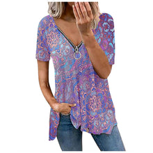 Load image into Gallery viewer, Women's Zipper Blouse Color-blocking Stitching Print Boho V-neck Short-sleeved Tee Top Summer Plus Size Elegant Casual Shirt