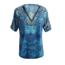 Load image into Gallery viewer, Women's Zipper Blouse Color-blocking Stitching Print Boho V-neck Short-sleeved Tee Top Summer Plus Size Elegant Casual Shirt